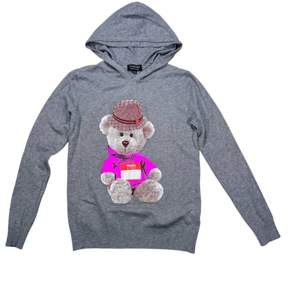 S. Christina Cashmere Sweater L/XL Youth Hoodie Teddy Bear Gray Cozy Cabincore
